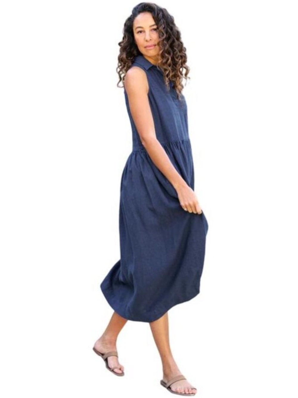 Frank & Eileen DAPHNE Popover Linen Maxi Shirt Dress Navy Large - Picture 13 of 14
